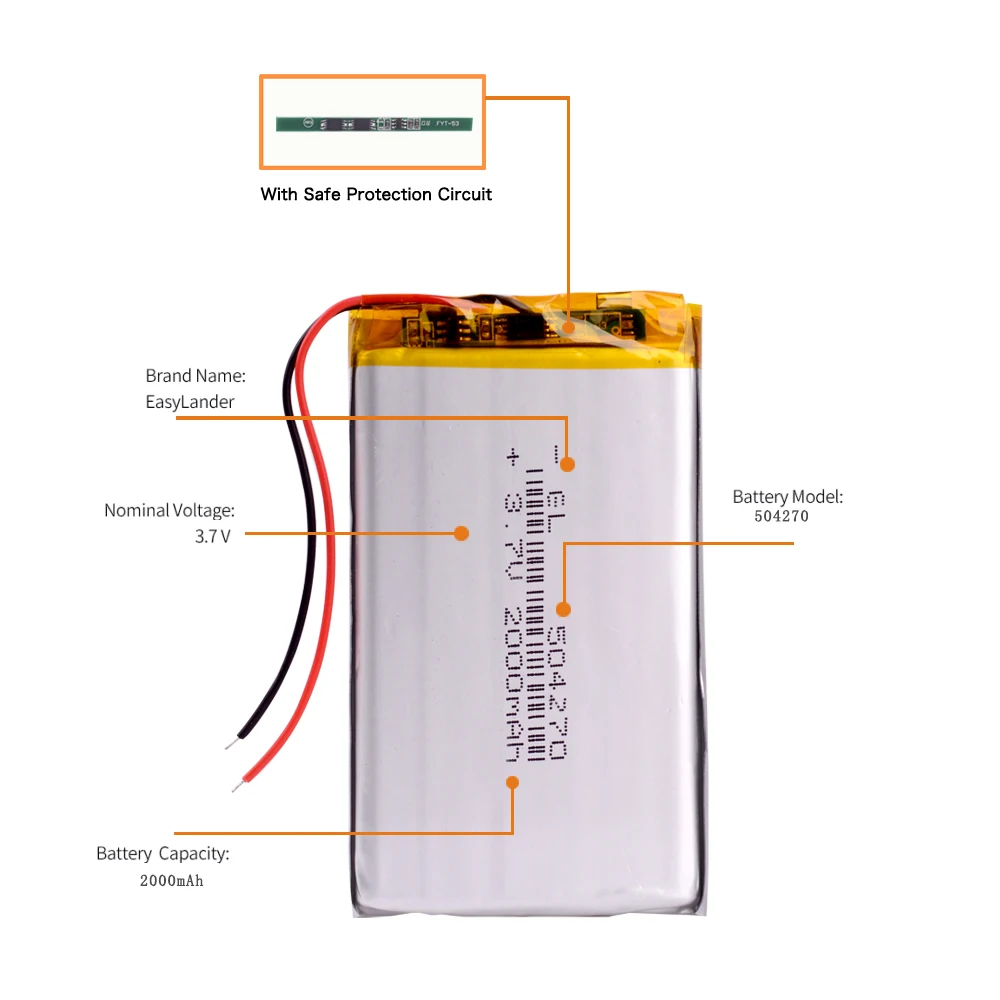 Bateria recarregável do polímero do Li-íon do lítio, 3.7 V, 2000mAh, 504270, 504072