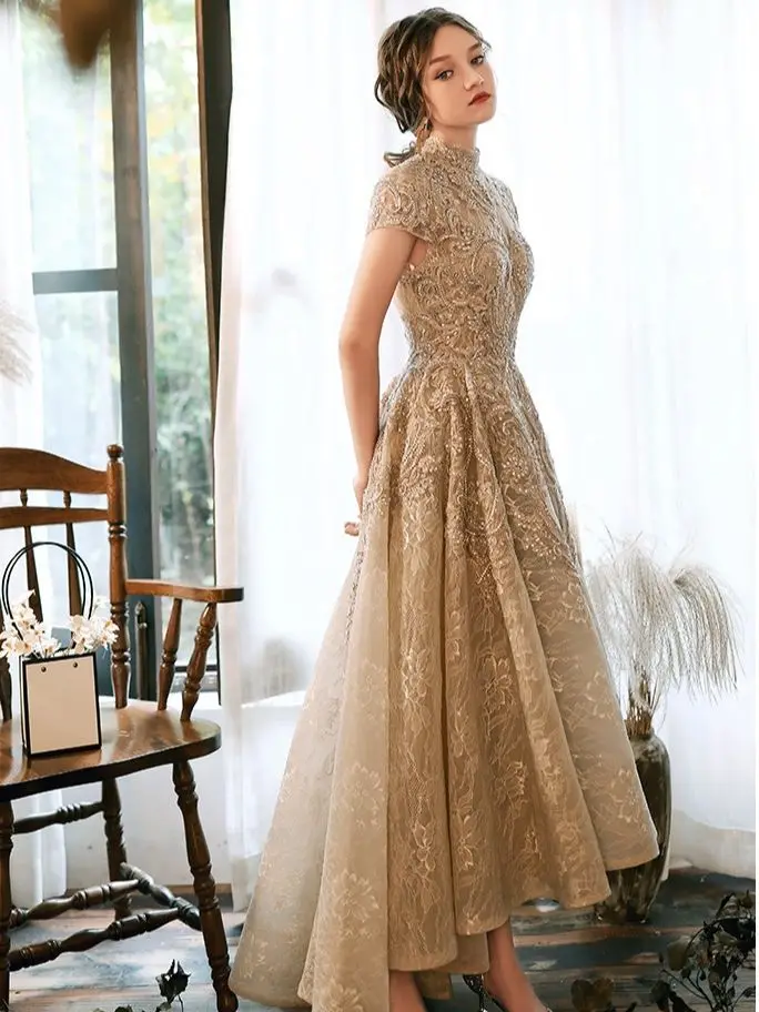 Luxury Evening Dresses Short Sleeves Lace Beaded Short Front Long Back Formal High Neck A-Line Wedding Celebrity Prom Gowns New