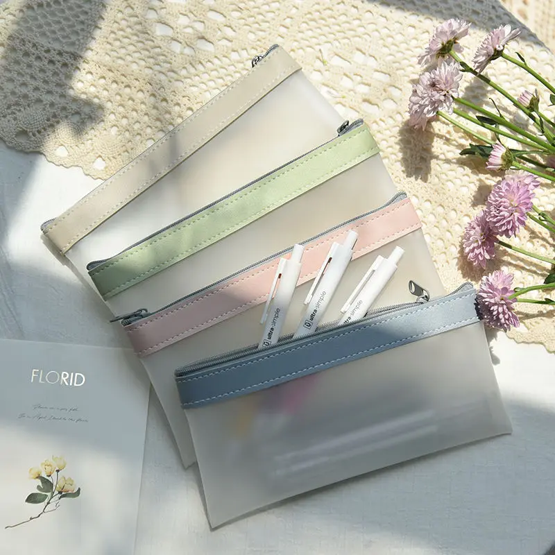 

INS TPU Leather Pencil Bag Pouches Simple Transparent Stationery Organizer Pencil Case Korean Fashion Pencilcase School Case