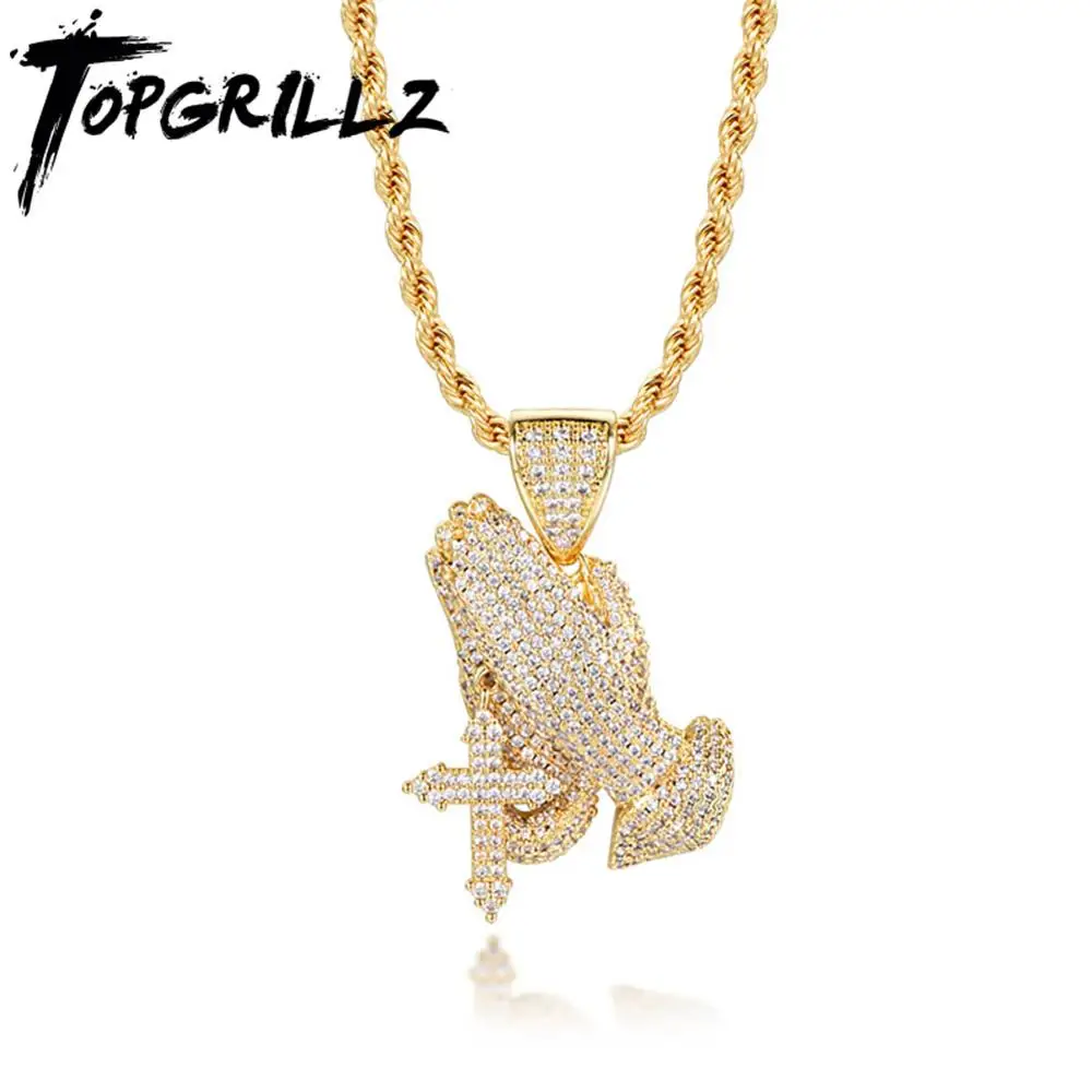 TOPGRILLZ Iced Out Praying Hand Pendant Necklace With Cross Gold Color Hip Hop Fashion Charm Jewelry Gift For Men Women