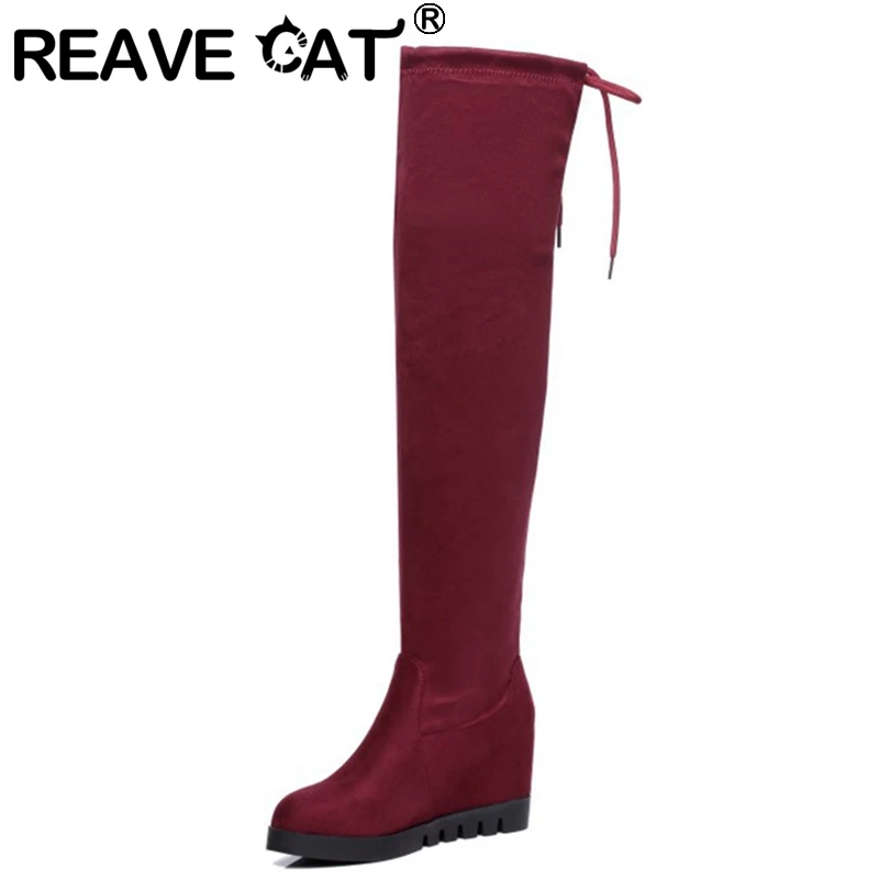 REAVE CAT 2021 Over The Knee Boots Flock Party Platforms Lace Up Internal Increase Flat Heel Wedges US12 Black Red Brown A4476