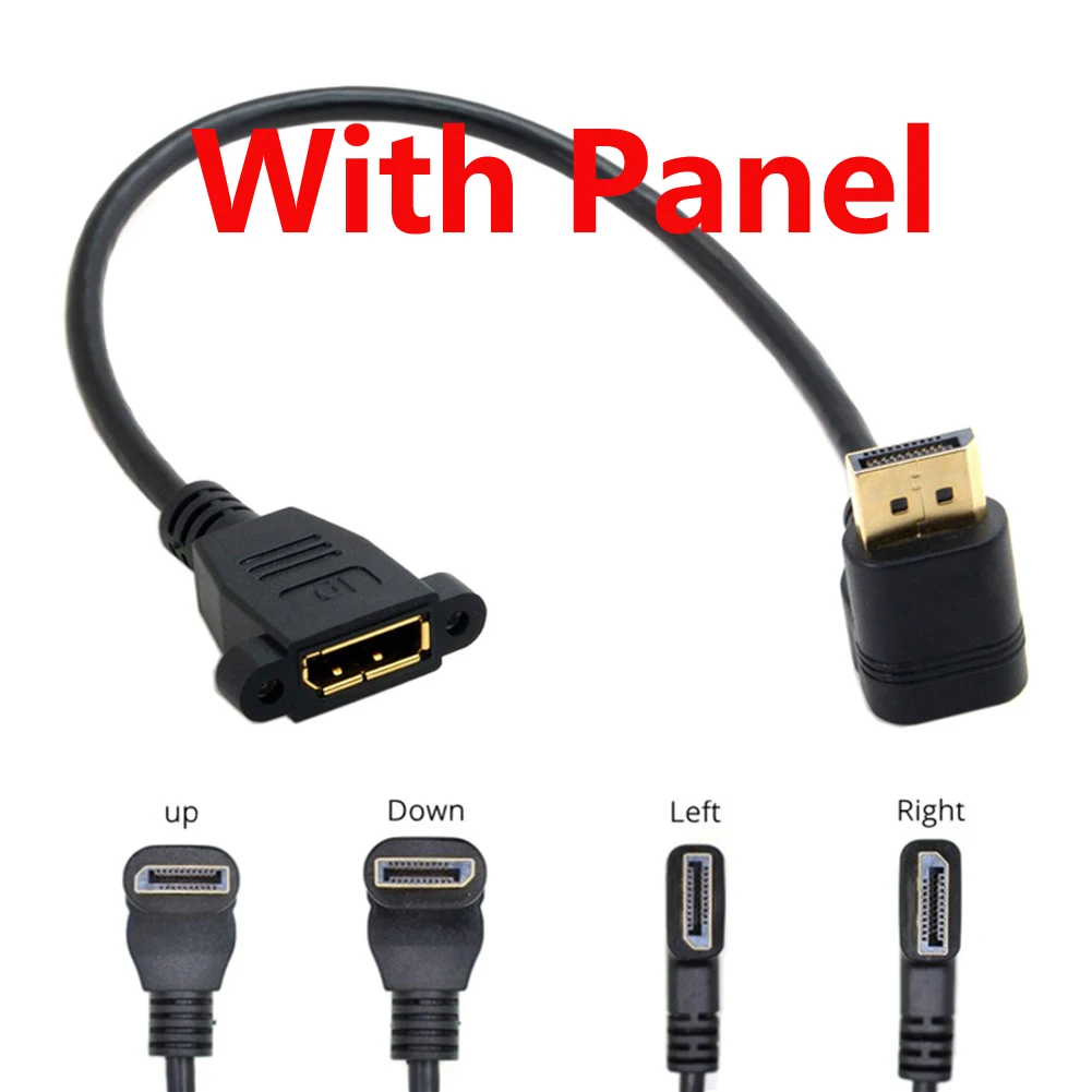90 Degree Angle Elbow DisplayPort Panel Mount Extension Cable Adapter Corner DP 1.2v Male to Female Cord Socket Screw 2k@144Hz