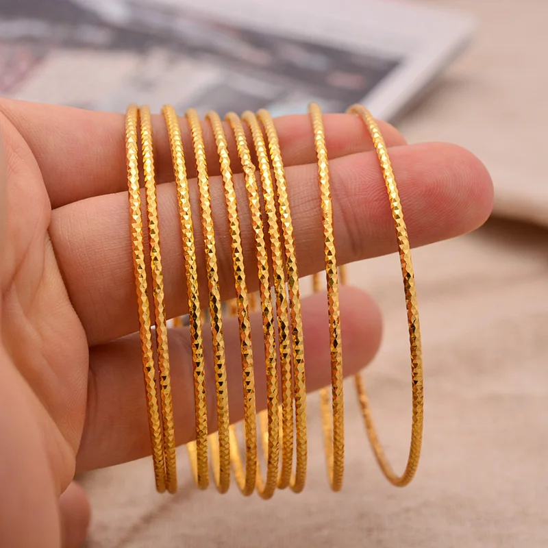 24k 6-12Pcs Girl Gold Color Dubai Bangles Kids Ethiopian Bracelet Africa Arab Jewelry Bracelet Gift Bangles 6cm Inside Diameter