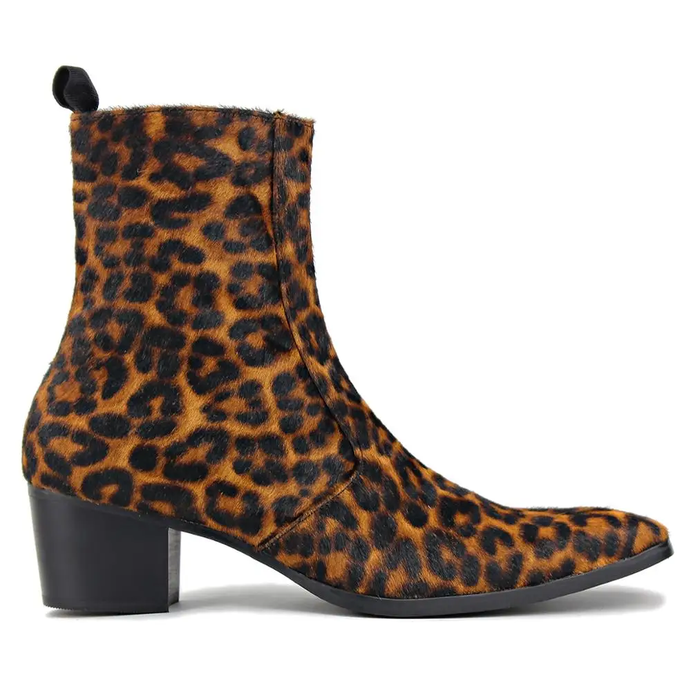

Men Chelsea Ankle Boots Genuine Horse Leather Horse Hair Leopard Boot with Side Zipper Heel Boots designer footwear Fashion