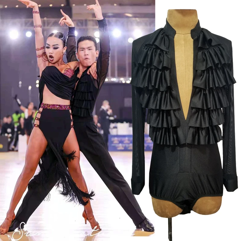 Men's Latin Dance Costume Long Sleeve Tops Ruffles V Neck Male Latin Competition Shirts Salsa Performance Latin Tops DNV15144