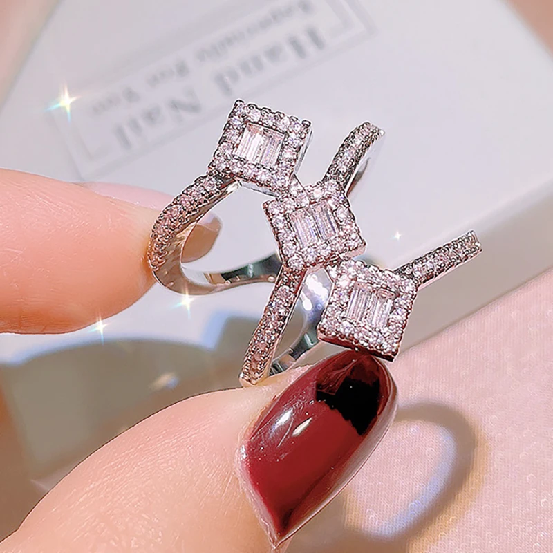 

2021 NEW Trend Three-tier Cross Women's Ring S925 Silver Broken Diamond Square Engagement Party Christmas Gifts Jewelry