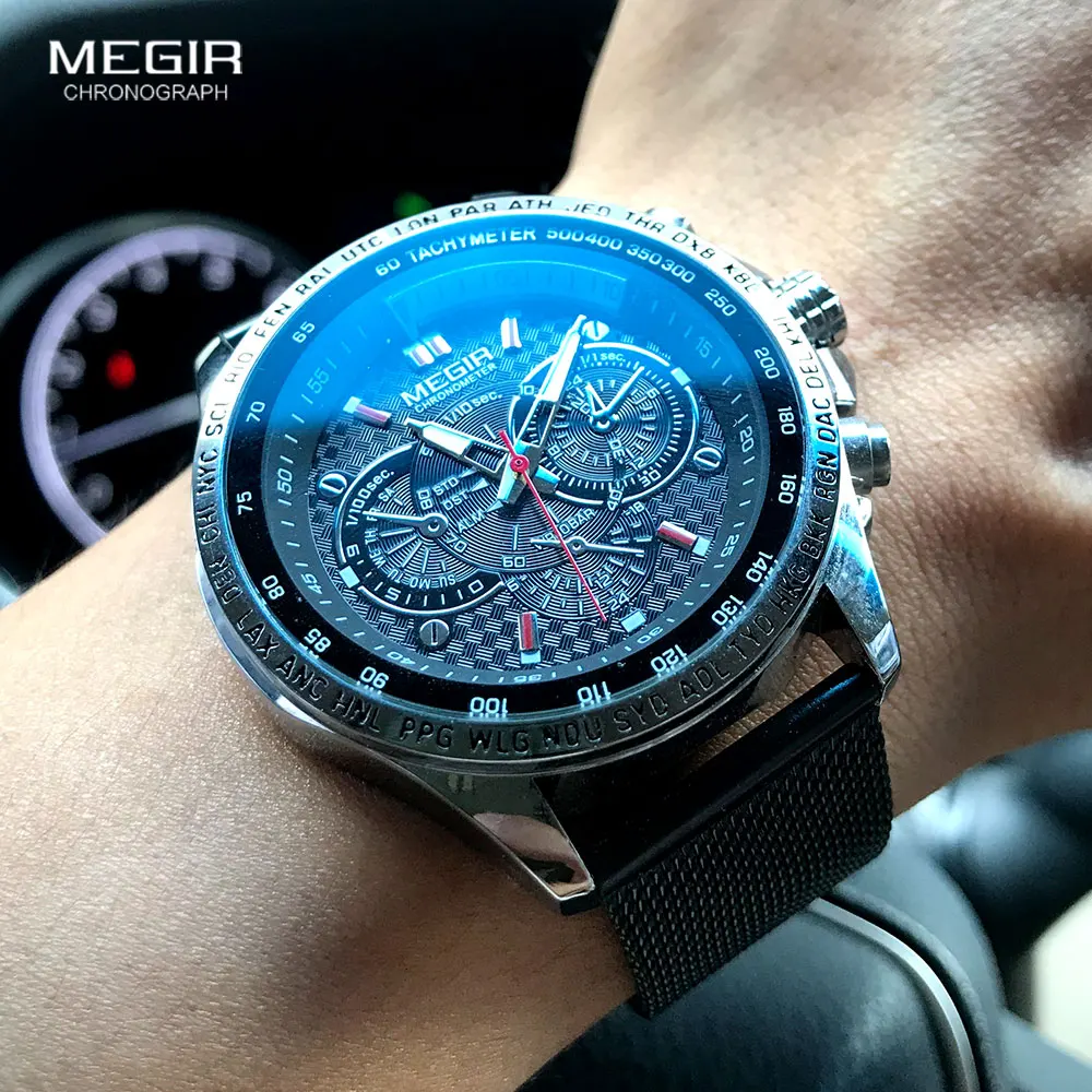 MEGIR-reloj analógico con correa de malla para hombre, accesorio de pulsera de cuarzo resistente al agua con cronógrafo decorativo, complemento