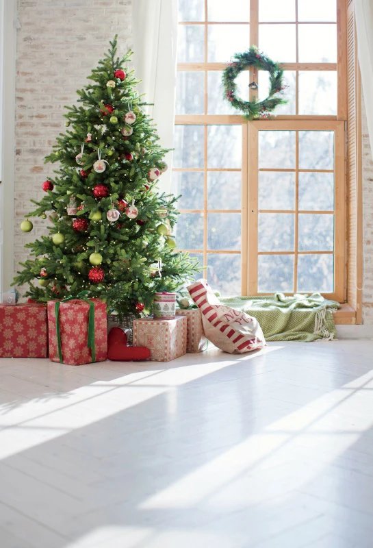 Laeacco Christmas Festivals Tree Gift Wreath Garland Window Rural House Interior Photo Background Photo Backdrop Photo Studio