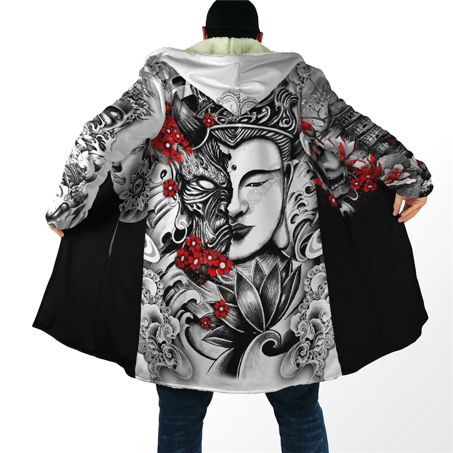 Winter Men For Women Hooded Cloak Japanese Oni Mask 3D Over Printed Cloak Fleece Wind breaker Warm Hood Cloak