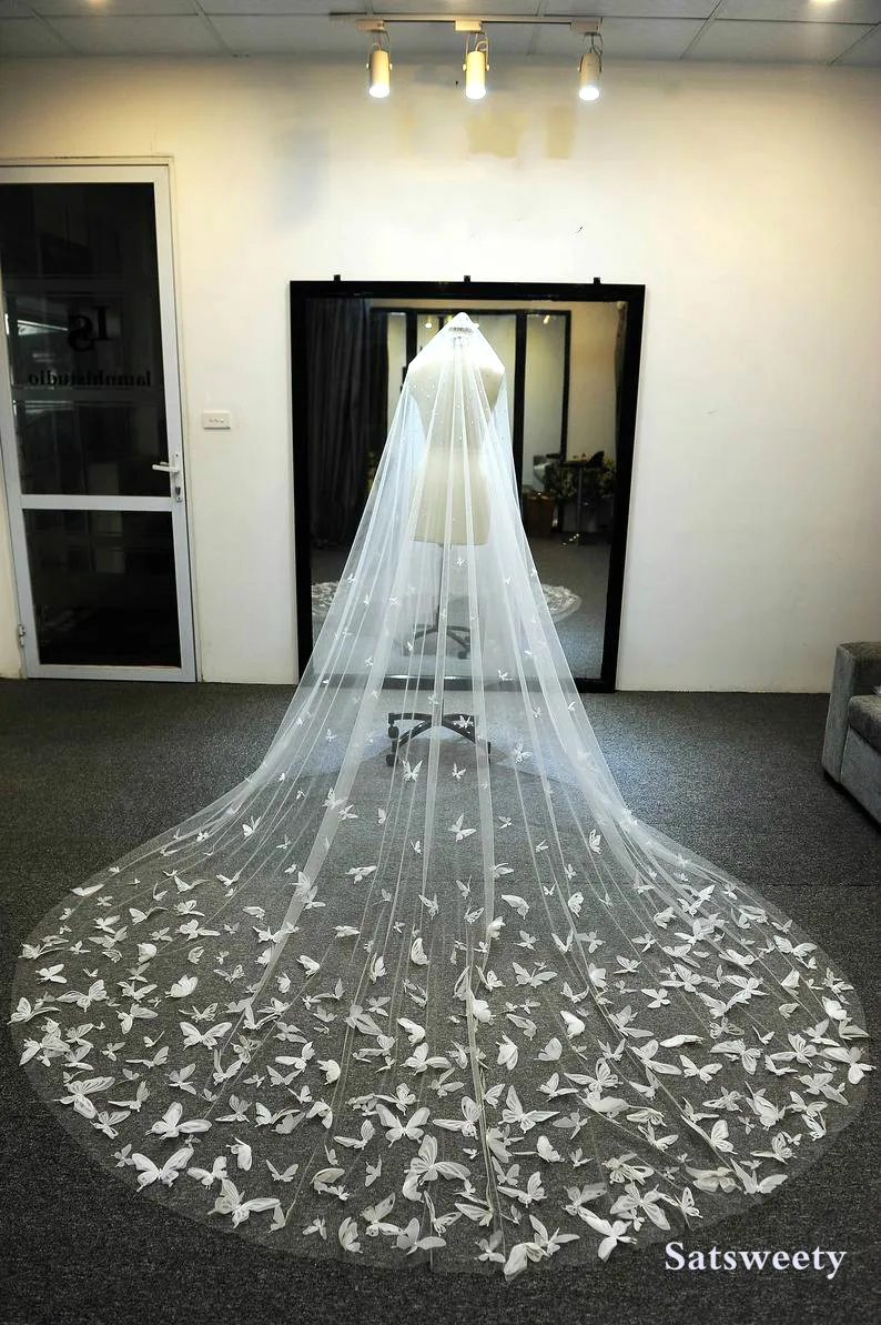 Voile de mariée en Tulle doux, personnalisé, blanc/ivoire, scintillant, papillon 3D, avec cristaux