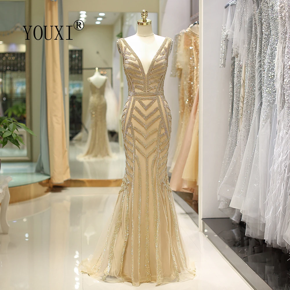 Customized YOUXI Mermaid Evening Dress V- Neck Gold Crystal Beading Abendkleider Lang Formal Gown robe de soiree