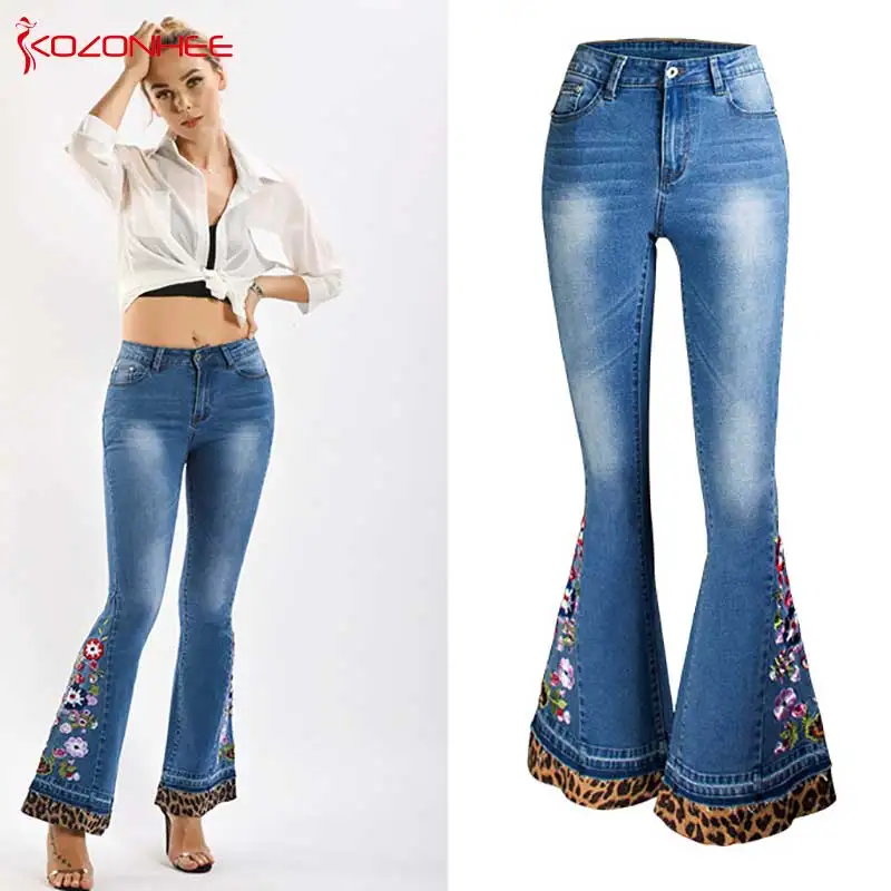 Embroidery Leopard Patchwork Flare Jeans Women Elasticity Bell-Bottoms Released Hem Jeans Stretching women Jeans Large Size #09