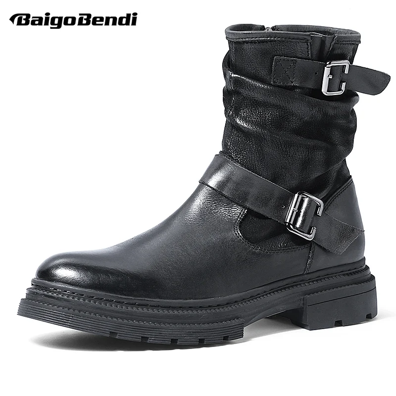 Fashon Men Full Grain Leather Buckle Belt Mid-calf  Motorcycle Boots Pure Black Winter Shoes Male