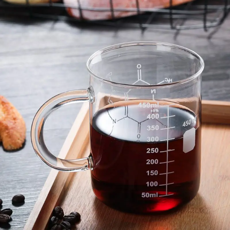 Caffeine Beaker Mug Graduated with Handle Borosilicate Glass Multi-Function Food Grade Measuring Cup