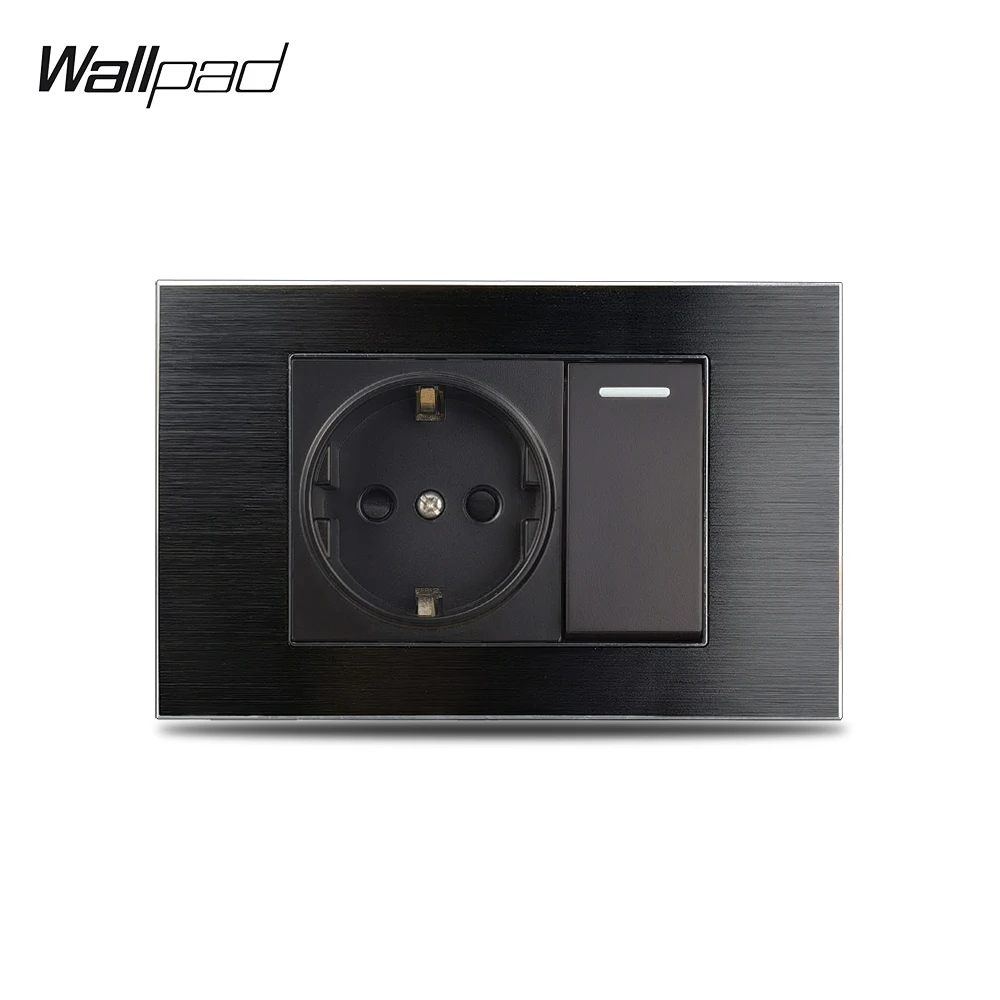 118*72mm 1 Gang Switch and EU Wall Socket Wallpad L3 Black Aluminum Panel 1 Gang On Off Light Switch and German Outlet