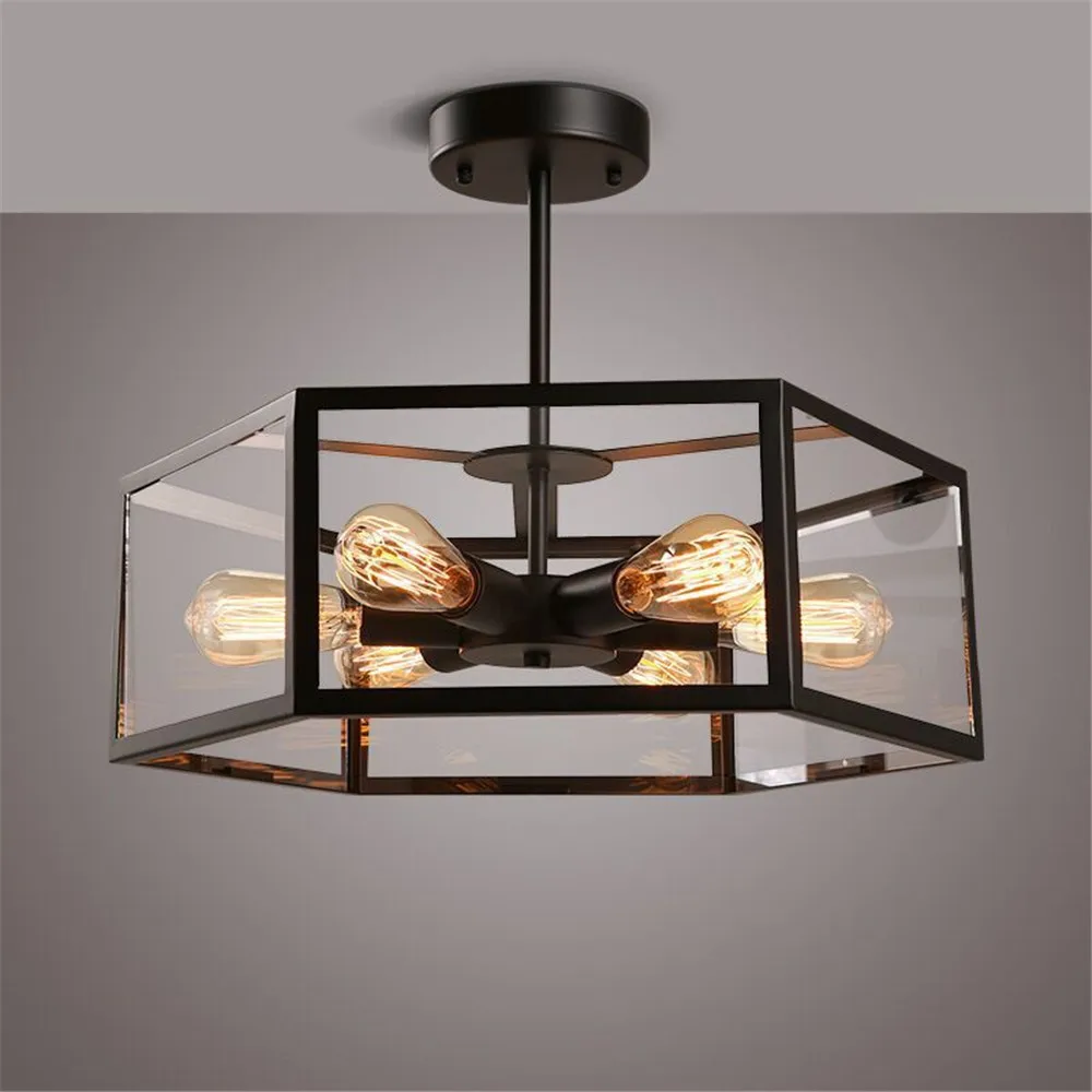 Loft Style Wrought Iron Glass Box Ceiling Lighting American Restaurant Bar Cafe Bedroom Nostalgic Industrial Wind Ceiling Lamp