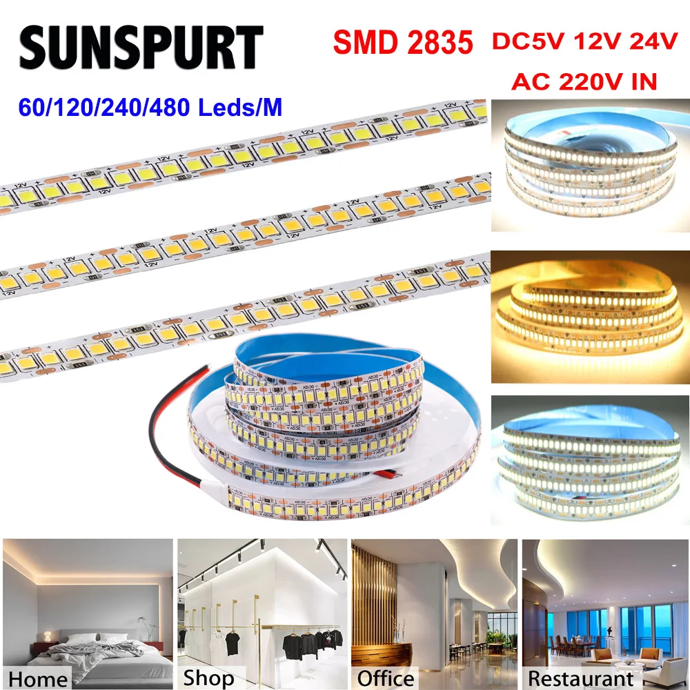 5-50M DC 5V 12V 24V AC220V SMD 2835 LED Strip Light White WW/NW 60-480Led/M Waterproof Lamp For Kitchen Home TV 4-15MM Pcb Width