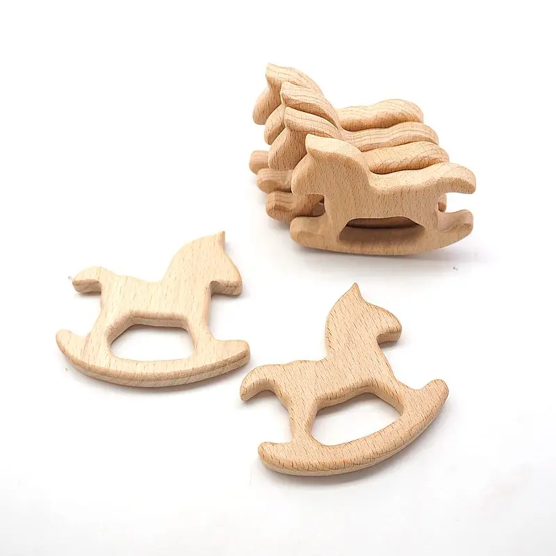 Chenkai 10pcs Wooden Horse Teether Nature Baby Rattle Teething Grasping Toy DIY Organic Eco-friendly Wood Teething Gift