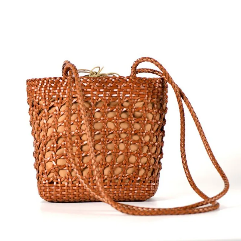 2026 Spring and Summer New Leather Hand-Woven Bag, Hollow Cross-Body Female Bag, Girls Hollow Beach Tote Handbag