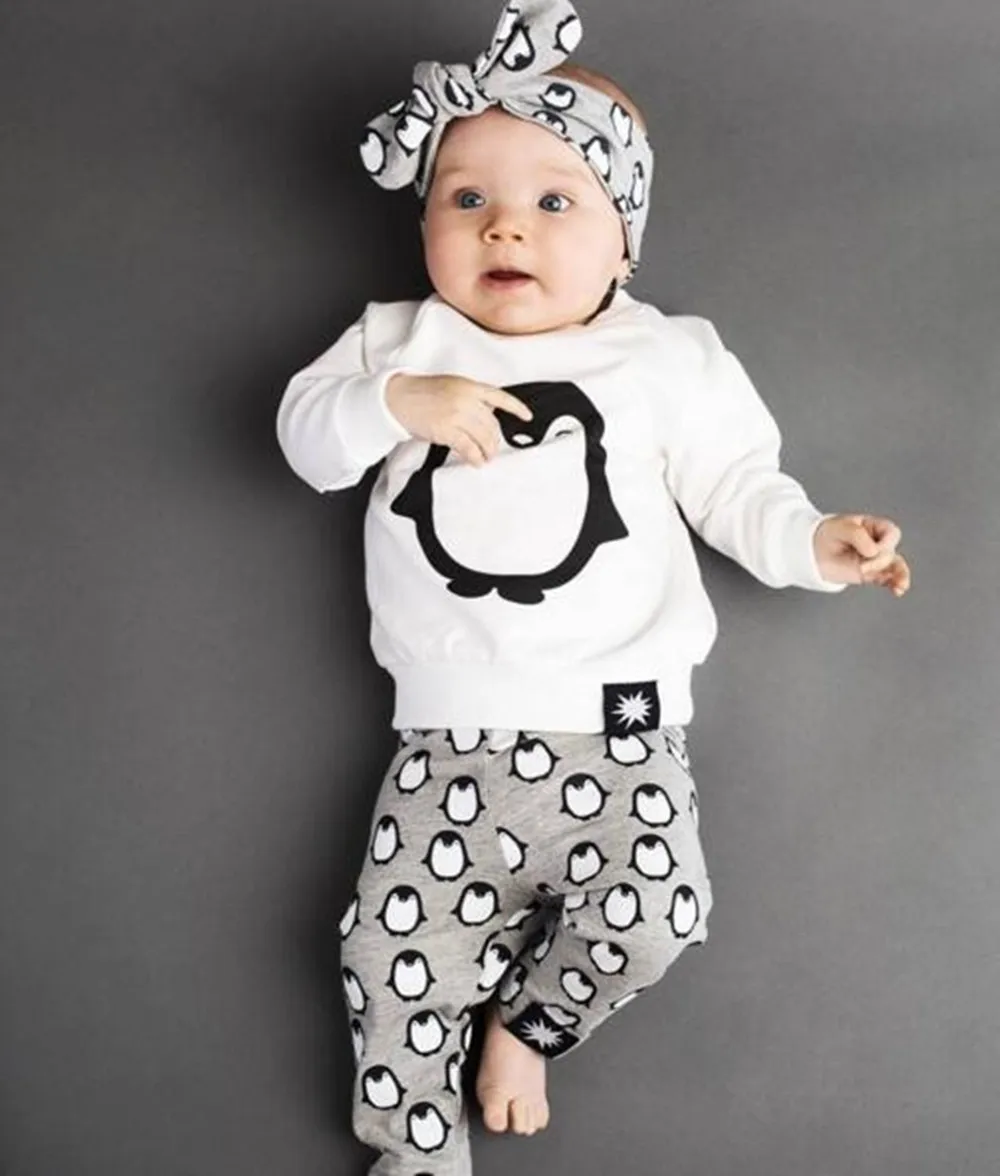 clothes for newborns Baby clothes set 2021 Spring and Autumn Cartoon Penguin T-shirt + Pants + Headband Penguin baby boy set