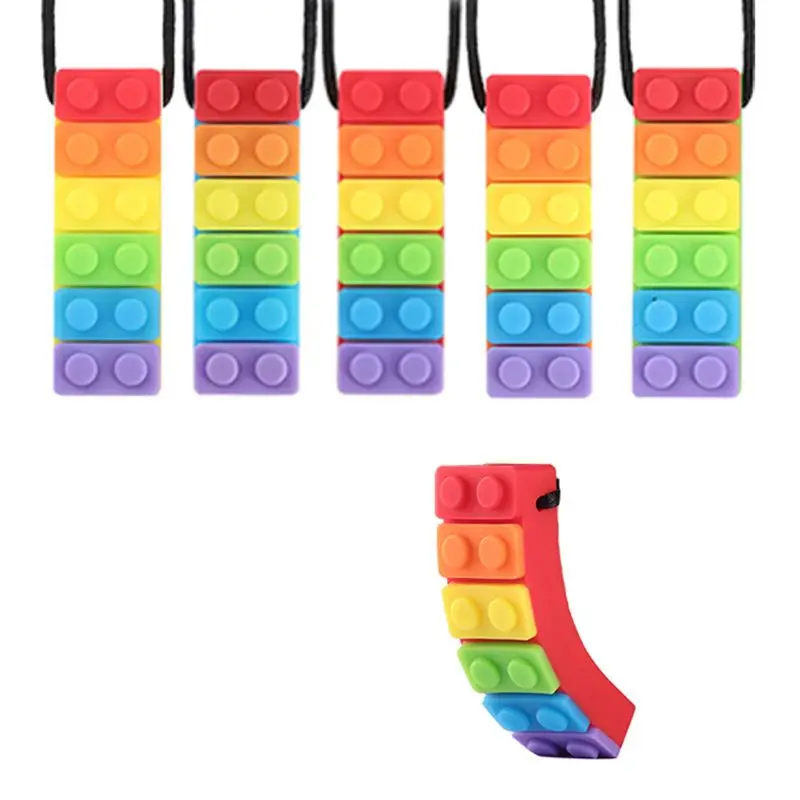 1PC Rainbow Brick Chew Necklace Baby Silicone Teether Autism Sensory Chewy Toys