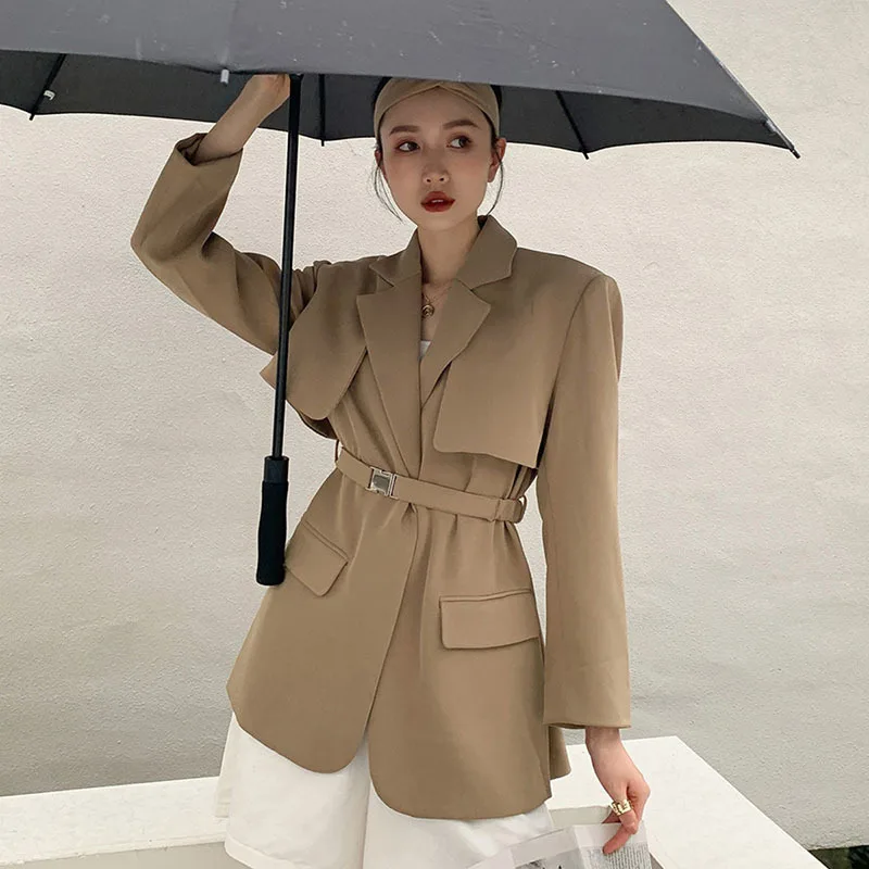 Korean Khaki Blazers With Sashes Women Streetwear Mid-length Casual Long Sleeve Suit Jacket Female Outerwear Spring Autumn 2024