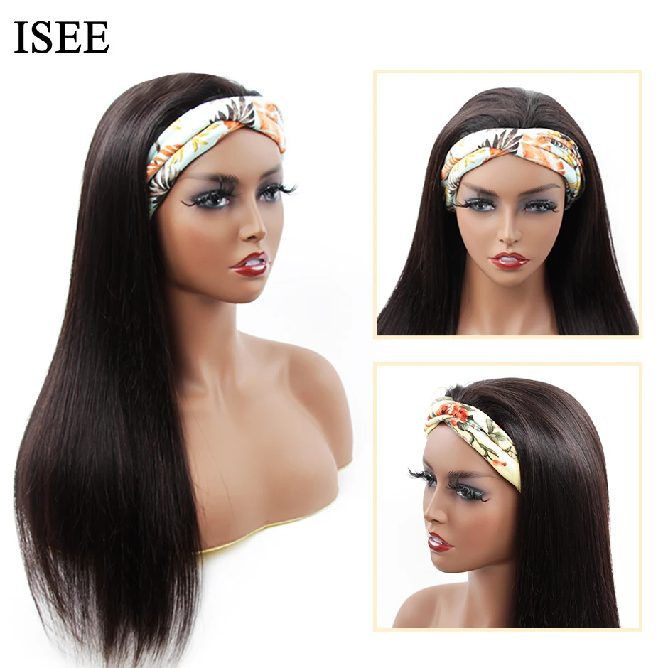 ISEEHAIR Straight Headband Wig Human Hair Wigs 180% Density Peruvian Straight Hair Wig Full Machine Made Wig For Black Women