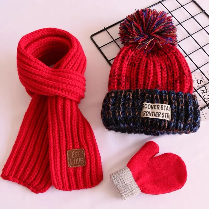 Wool three-piece set baby wool hat scarf autumn and winter boys and girls children baby cotton warm knit hat thick damp