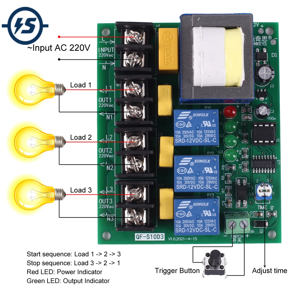 AC 220V 10A 3-kanałowy 3-bitowy moduł sekwencji czasu zasilania Automatyczne opóźnienie 3CH 1-60s Regulowany moduł kontrolera sekwencyjnego