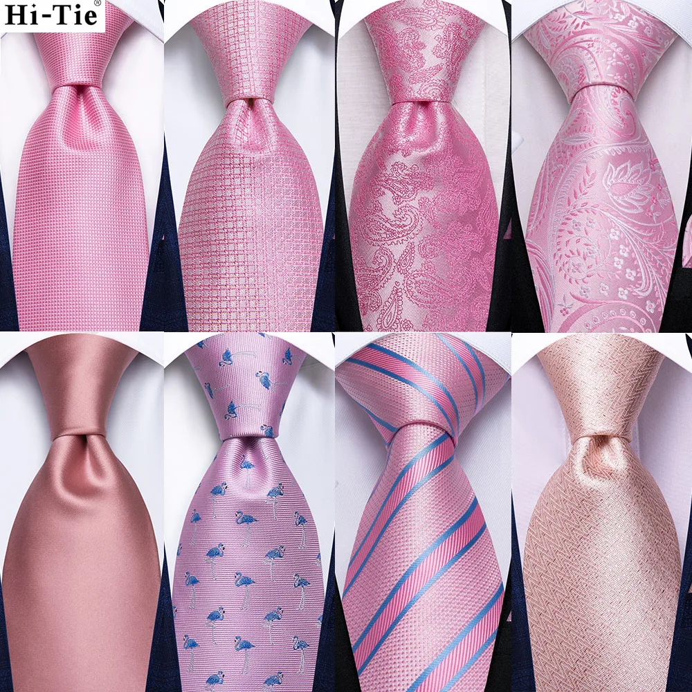 Hi-Tie Solid Rose Peach Pink Mens Silk Elegent Wedding Tie Fashion Design Necktie For Men Quality Hanky Cufflink Business Party