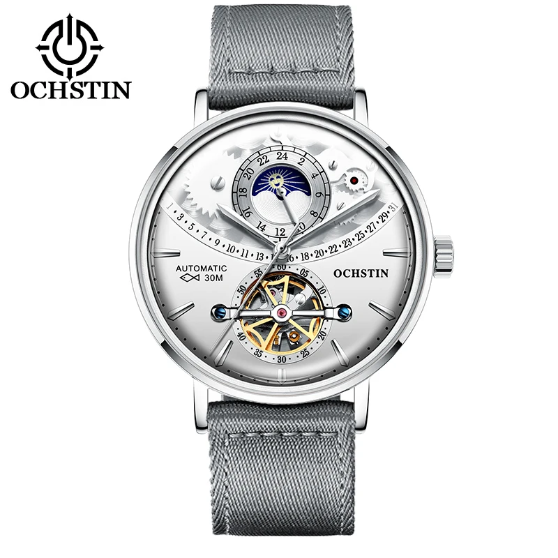 OCHSTIN Dual Time Zone Mesh Belt Dial Skeleton Tourbillon Moon Phase Watch Creativity Sport Automatic Mechanical Wristwatches