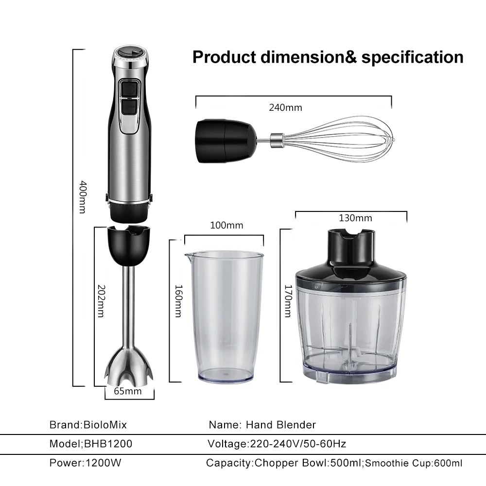 1200 Watt 6-Speed Multi-Purpose 4 in 1 Hand Blender Stainless Steel With Whisk Food Grinder Bowl  for Smoothies Sauces Soups