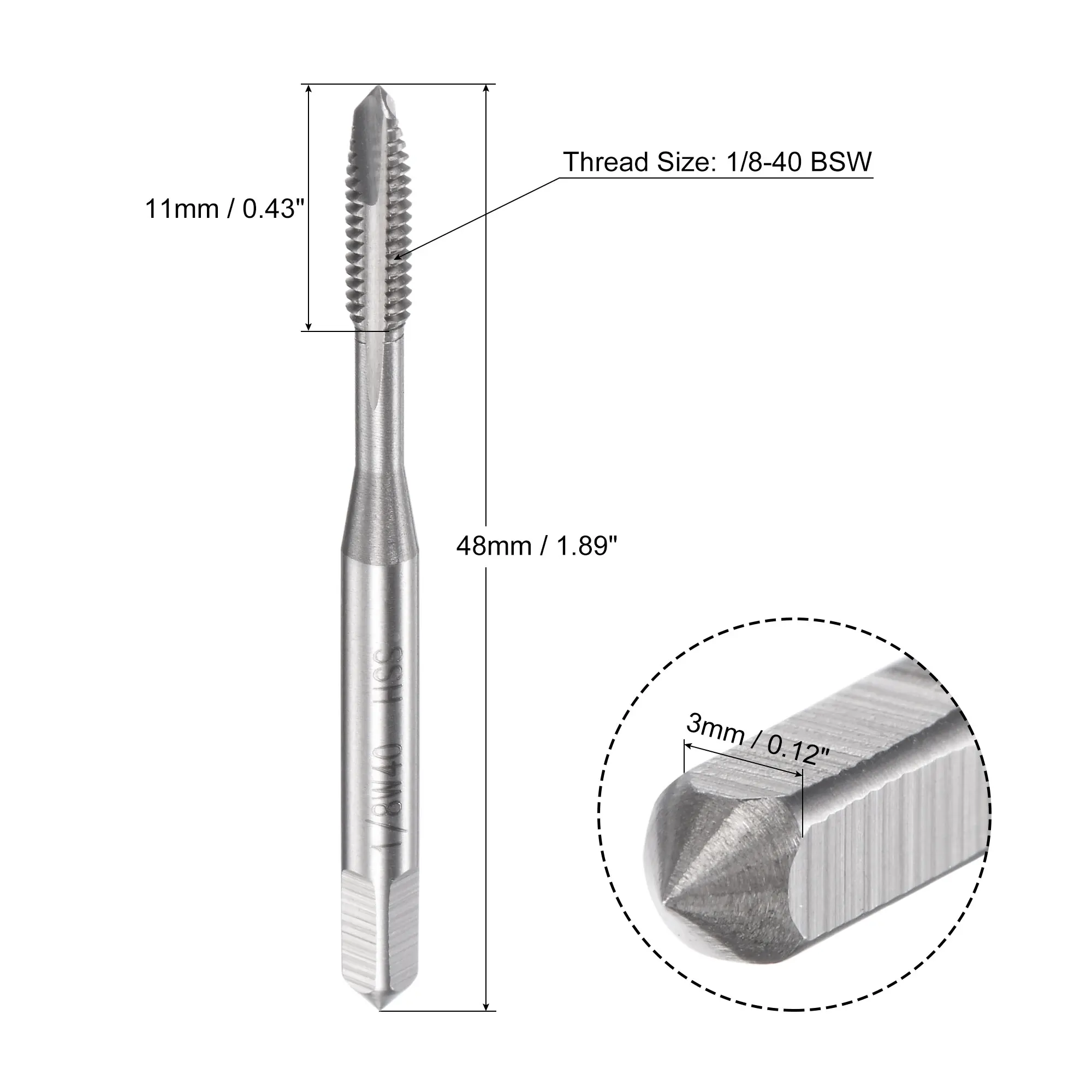 Uxcell-grifo de roscado de punto en espiral 1/8-40 BSW, rosca de máquina HSS (acero de alta velocidad), 3 flautas rectas, sin recubrimiento
