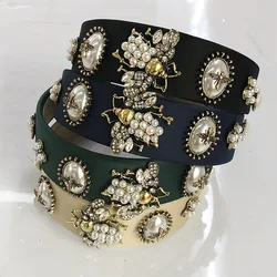 Baroque Rhinestone Headband Hairband for Women Girls Metal Bee Beads Flower Head Hair Accessories