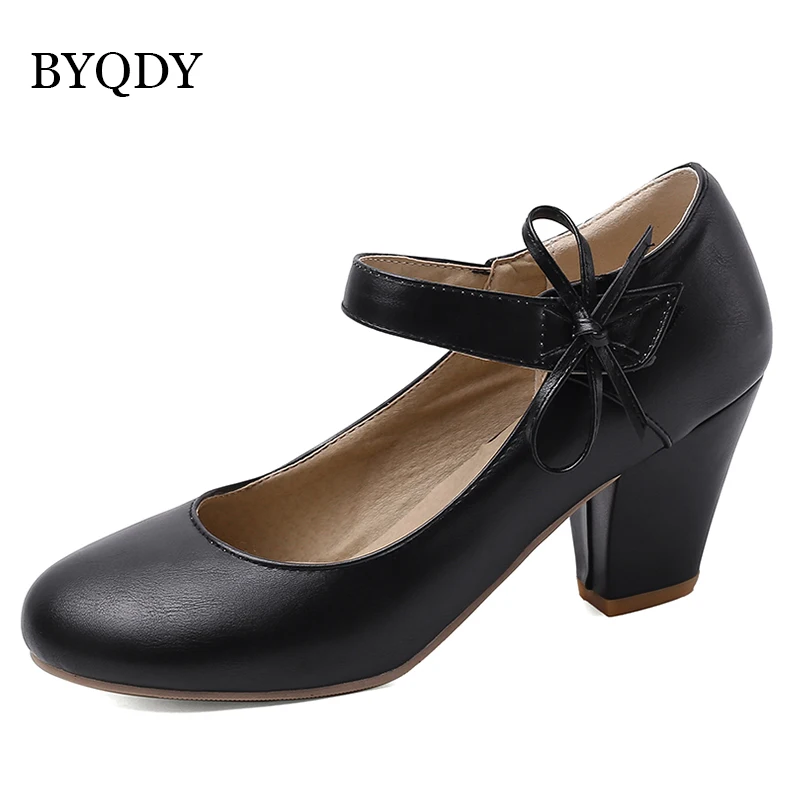 BYQDY Women Pumps 7cm High Thick Block Heels Round Toe Mary Janes Footwear Wedding Dress Office Lady Ankle Strap Shoes with Bow