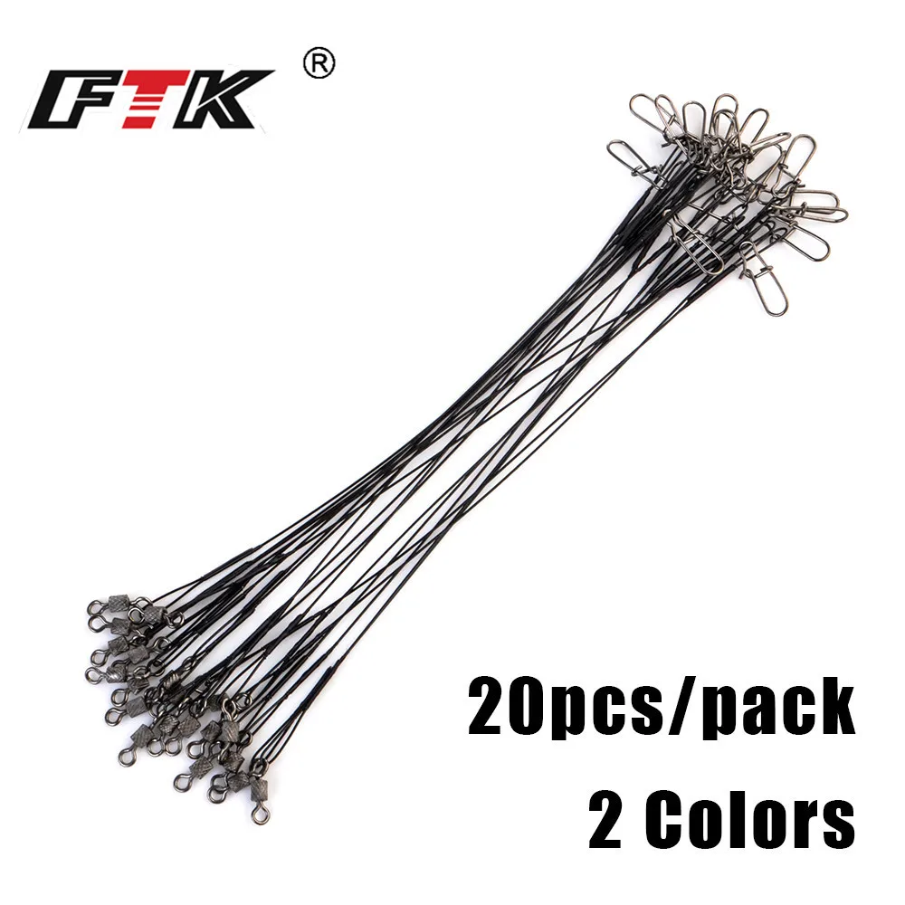 FTK 20pcs 16/20/25cm Stainless Steel Wire Leader Fishing Leash With Swivel 50LB Anti-bite Line Leadcore Leash For Pike Fishing