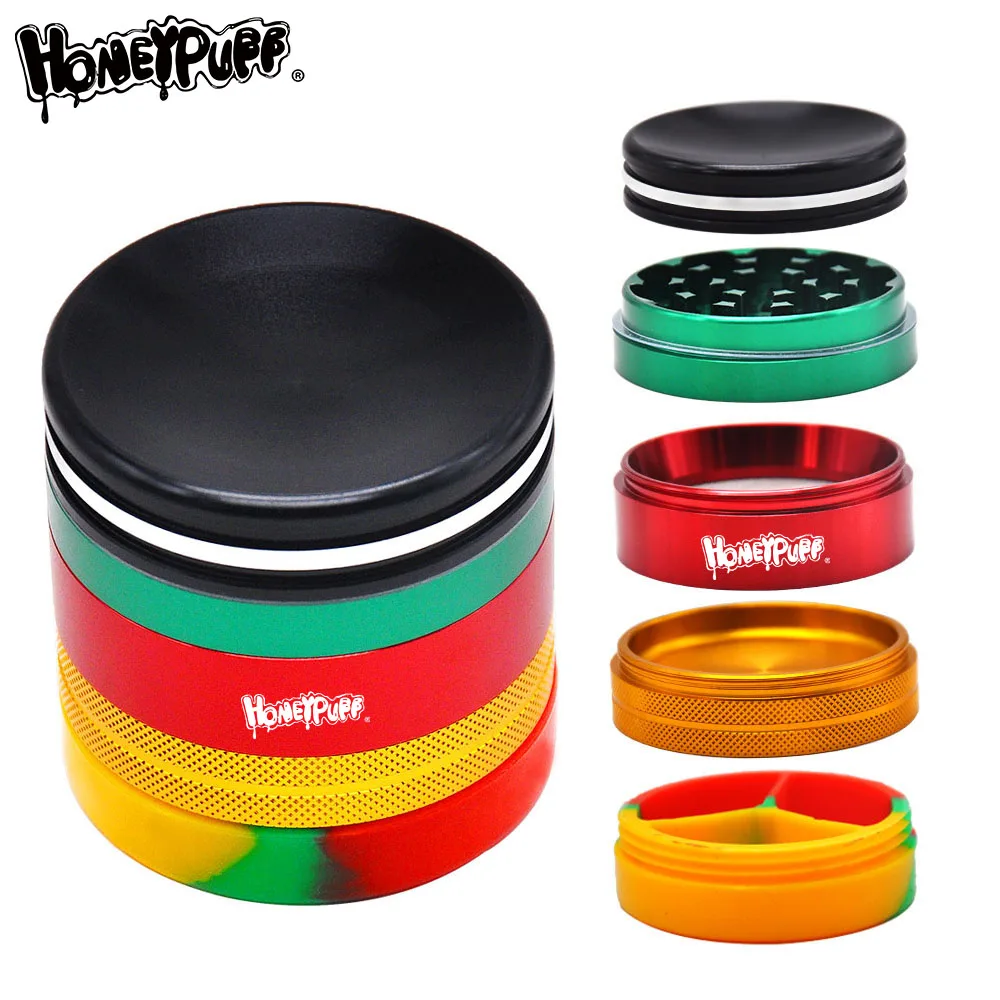 HONEYPUFF Aluminum Crusher with Silicone Storage Stash Jars 63MM 5 Layers Metal  Crusher