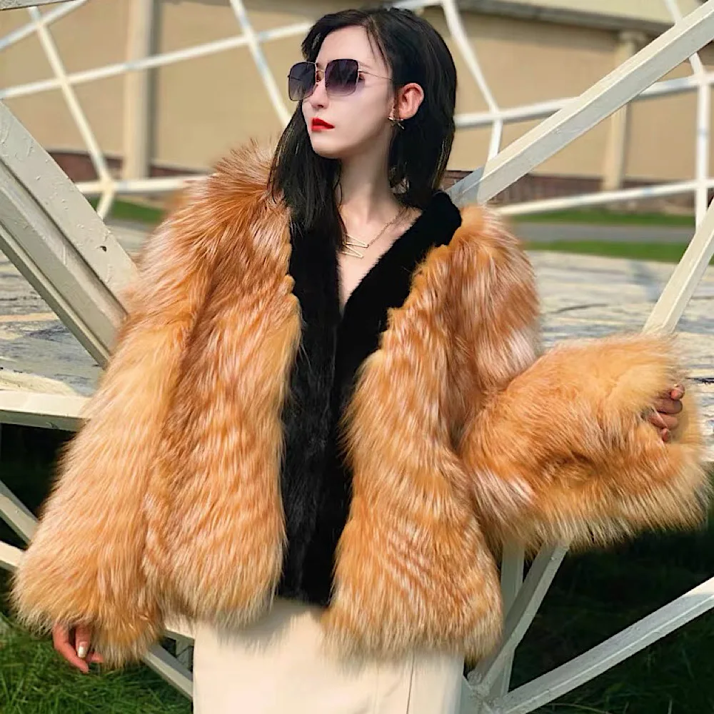 

2021 Winter Real Featured Whole Leather Real Fox Fur Coat Simple Street Warm women's winter Whole Fox fur coat with Mink