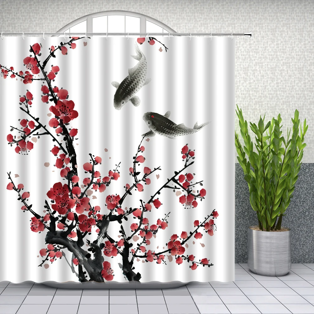 Water Ink Painting Shower Curtains Chinese Classical Style Plum Blossom and Fish Bathroom Decor Waterproof Cloth Curtain Set