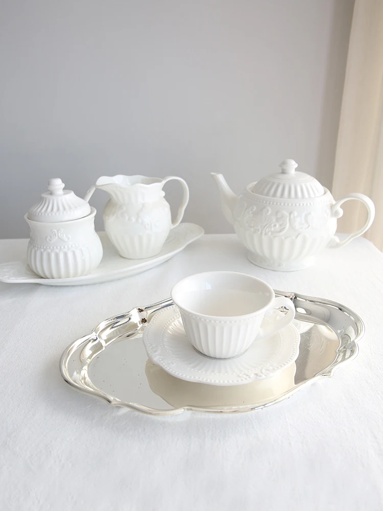 

White Embossed Tea Cup Saucer with Phnom Penh Porcelain, French Court Tea Set, Milk Pot, Sugar Jar, Dinner Plates, Snack Dish