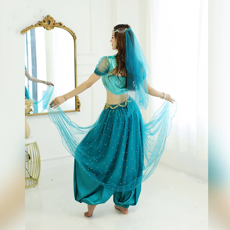 New Exotic Dance Sexy Adult Female Jasmine Princess Stage Dress Veil Top Pants Belly Dance Bollywood Belly Clothing