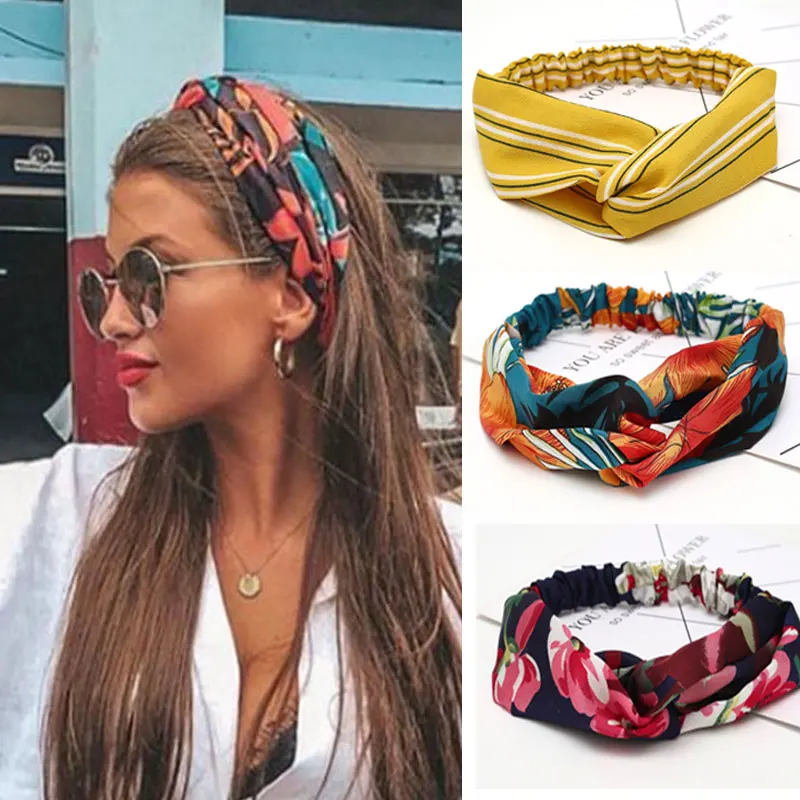 Summer Chiffon Headband Women Hair Accessories bandana Turban Twist Cross Hairband Headwrap Girls Flower Striped Knot Hair Band