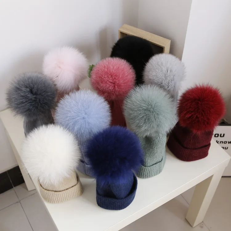 CHANRU002 Women winter thick warm wool beanies cap Real fox fur pom pom curled knitted hat skullies Bone gorras