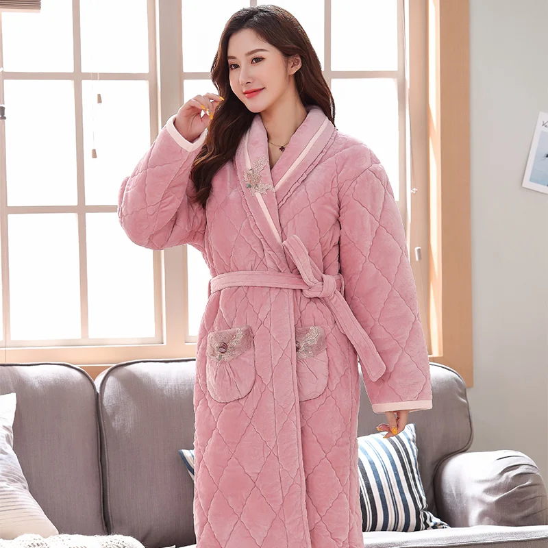 Winter Coral Velvet 3Layers Quilted Bathrobe Women Pajamas Womens Nightgowns Flannel Warm Robe Sleepwear Big Yards Womens Robes