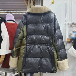 Winter 2022 Women New Mixed Color Lapel Cotton Jacket Pockets Drawstring Zipper Puffy Parkas Army Green Cuff Lambswool Outwear