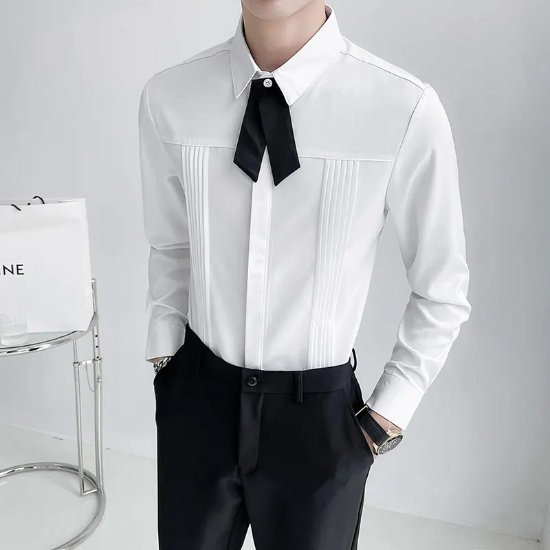 Luxury Men Wedding Party Shirt Korean Fashion Designer Men Pleated Slim Fit Shirt Men Long Sleeve Dress Shirt Social Streetwear