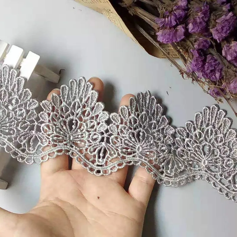 3 yard Gray 7cm Polyester Flower Handmade Embroidered Fabric Lace Trim Applique Ribbon DIY Sewing Craft Decoration