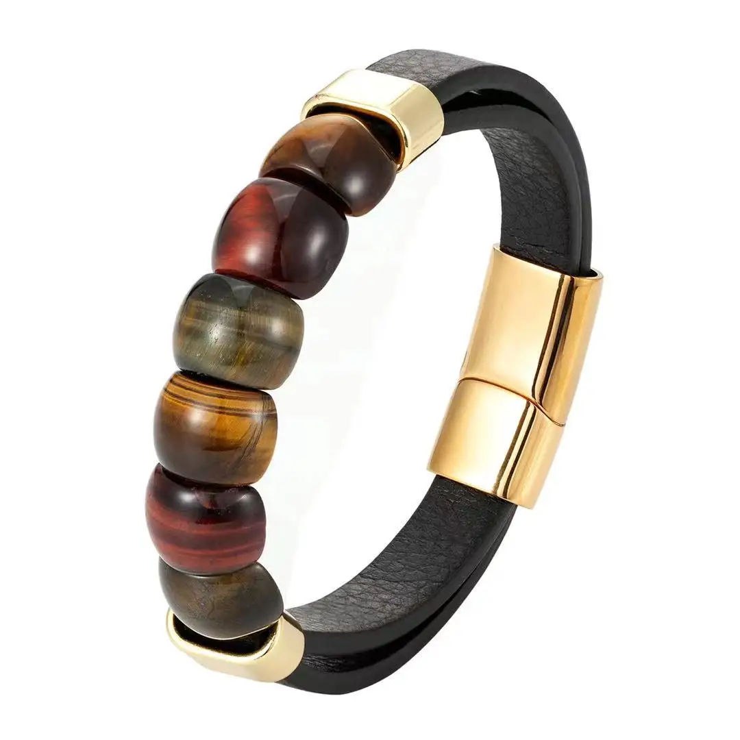 Natural Tiger's Eye Ring Face Type Male Stainless Steel Leather Cord Men's Bracelet Gift