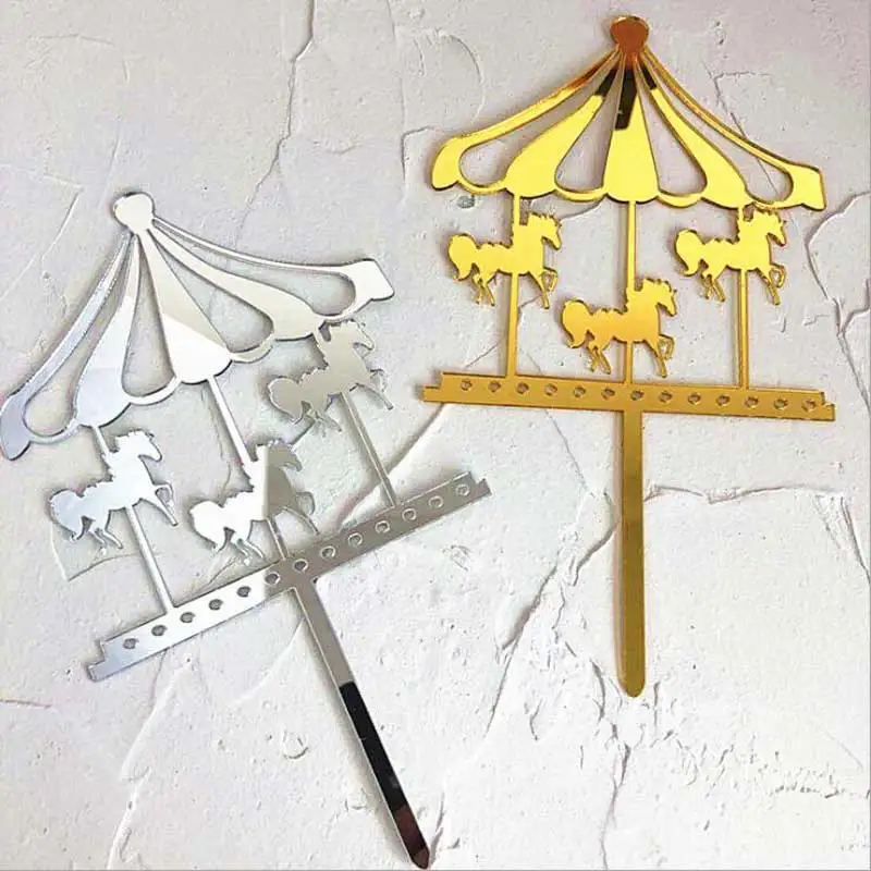 Acrylic Horse Cupcake Topper With Tie Gold silver Carousel Wedding Birthday Party Cake Decoration cupcake Decor