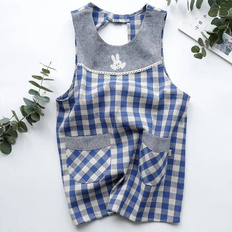 Japanese Plaid Apron Loose Cotton Linen with Pockets Home Daily Kitchen Restaurant Waiter Overalls